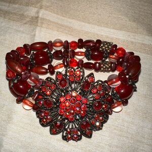 Red Crystal Flower Bracelet with Vintage Metalwork